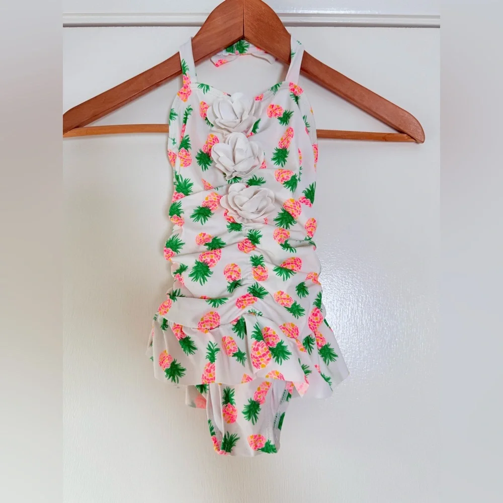 Janie and Jack Girls Pineapple One Piece Swimsuit 3D Blooms Neon Pink White